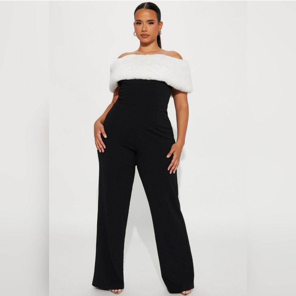 Fashion Nova Black and White Off-Shoulder Jumpsuit